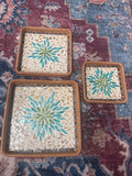 Mother of Pearl and Rattan Tray set of 3 - Forest Blue