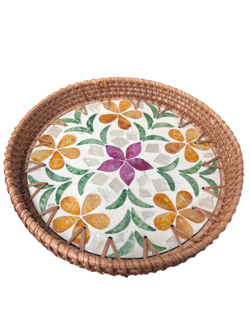 Mother of Pearl Rattan Round Tray Set - Palmers