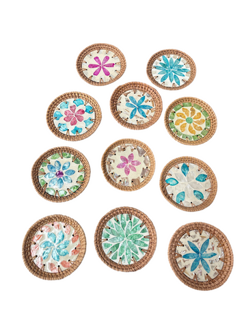 Mother of Pearl & Rattan Painted Coaster - 12cm (Assorted)