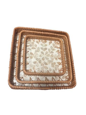 Mother of Pearl and Rattan Square Set of 3