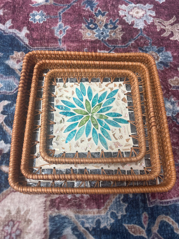 Mother of Pearl and Rattan Tray set of 3 - Forest Blue