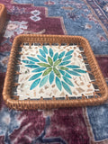 Mother of Pearl and Rattan Tray set of 3 - Forest Blue
